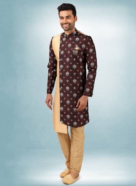 Beige Colour Excluisve Wear Art Silk Digital Print Kurta Pajama With Jacket Mens Collection 1449